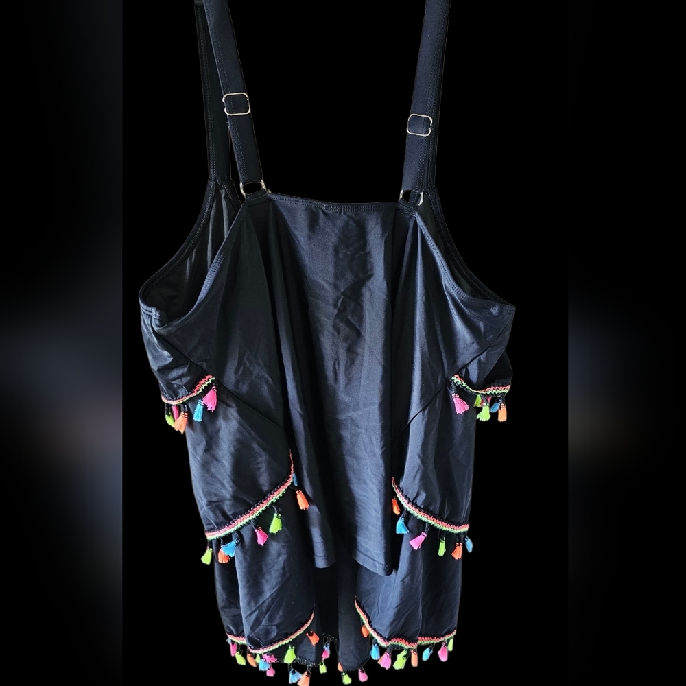 Yonique Black NWT 3-Layer Ruffle Tankini Top Top Only Multicolor Tassel Trim 22W - Picture 2 of 4